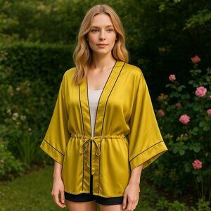 Ruyi‎ Chartreuse Satin Batwing Tie Front Kimono Festival Fairy Whimsical Boho OS